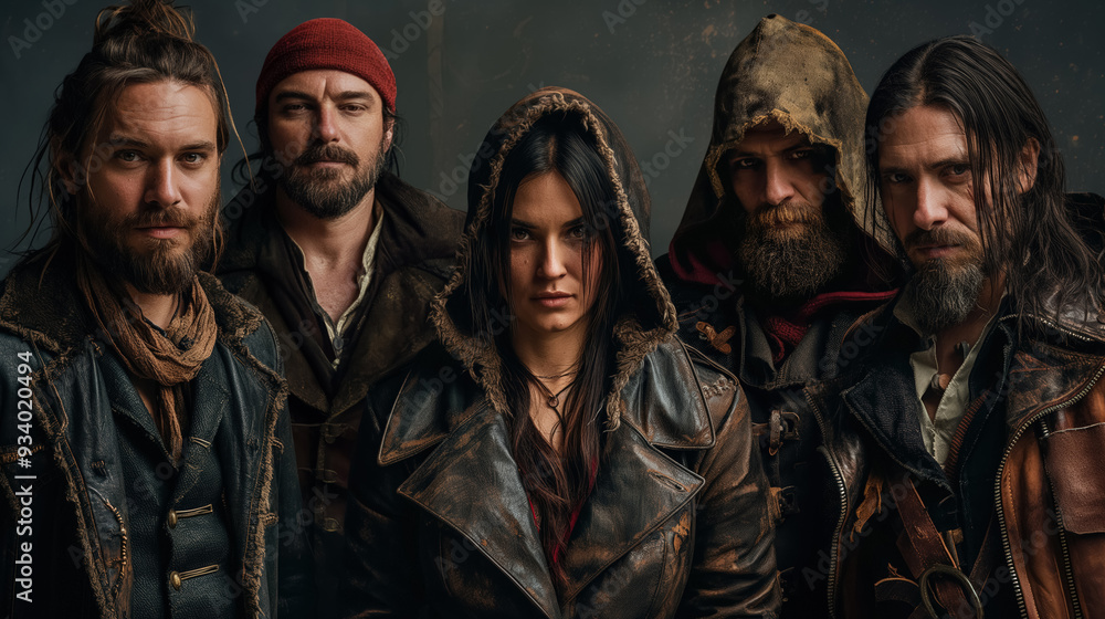 Group of rugged individuals in dark, weathered clothing, exuding toughness and a strong, rebellious vibe. Group of rugged individuals in dark, weathered clothing, exuding toughness and a strong, rebellious vibe.