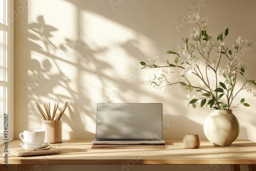 Wallpaper Mural Serene Minimalist Workspace, a tranquil office space featuring clean lines, soothing colors, uncluttered surfaces, and intentional decor promoting focus and relaxation Torontodigital.ca