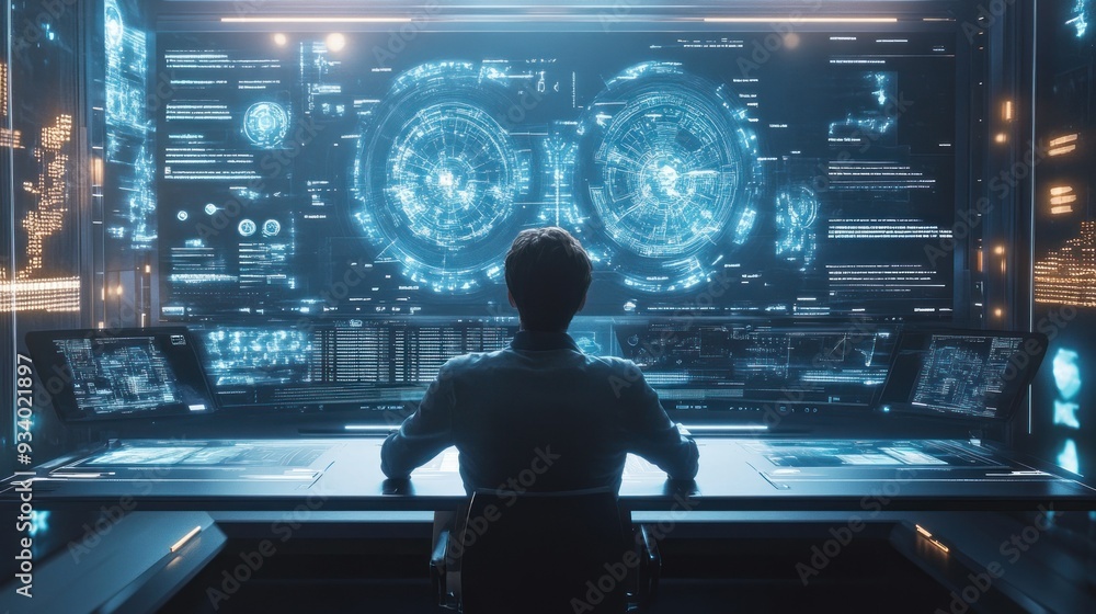 A Person Analyzing Data on Multiple Screens in a Futuristic Setting A Person Analyzing Data on Multiple Screens in a Futuristic Setting