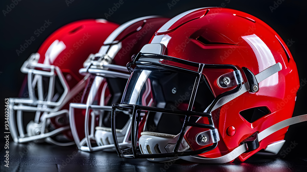 Fototapeta premium American football helmets on a black background.