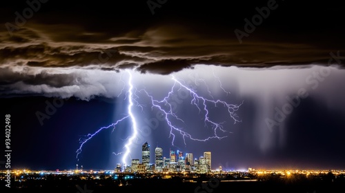 A lightning bolt strikes a distant city, lighting up dark clouds in a dramatic night sky