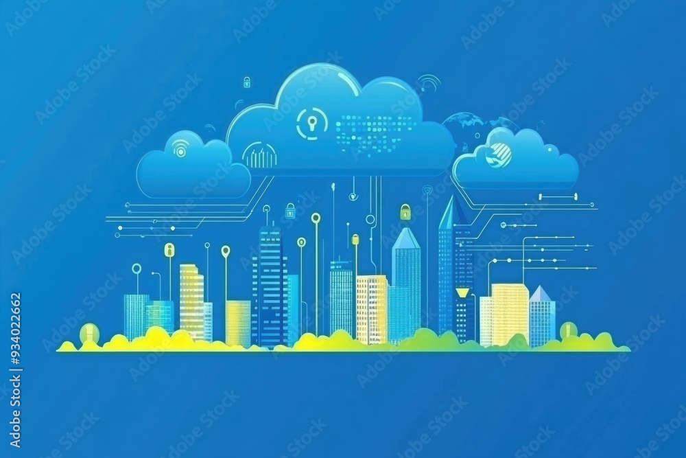 Obraz premium Futuristic cityscape with security locks and data flow emanating from clouds