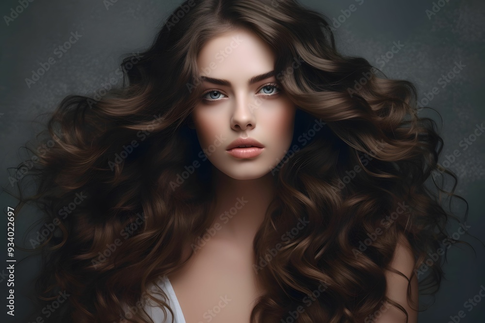Fototapeta premium A model with voluminous, curly hair poses in a studio setting with a neutral backdrop