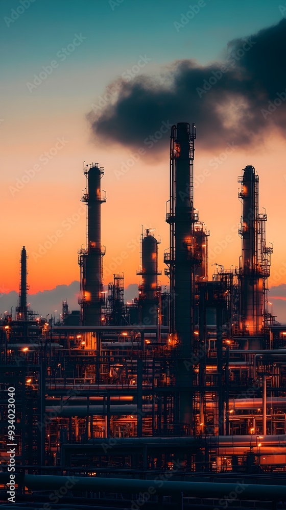 Towering Petrochemical Refinery Illuminated by the Warm Glow of Sunrise A large industrial facility with distillation columns and pipelines set against a vibrant sky Towering Petrochemical Refinery Illuminated by the Warm Glow of Sunrise A large industrial facility with distillation columns and pipelines set against a vibrant sky