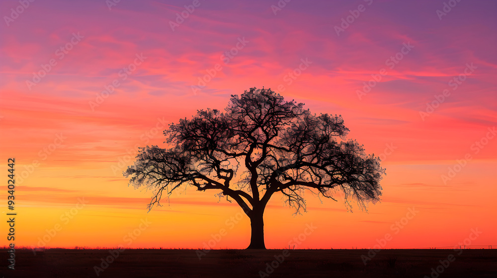 Solitary Tree at Sunset: A Serene Silhouette Against a Breathtaking Evening Sky Solitary Tree at Sunset: A Serene Silhouette Against a Breathtaking Evening Sky