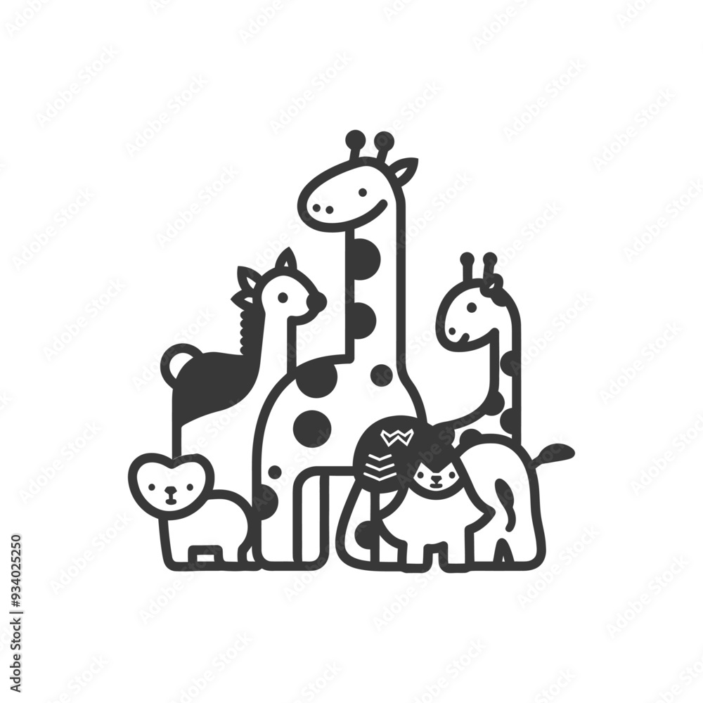 A Group of Cartoon Animals Including Giraffes a Lion and a Bear A Group of Cartoon Animals Including Giraffes a Lion and a Bear