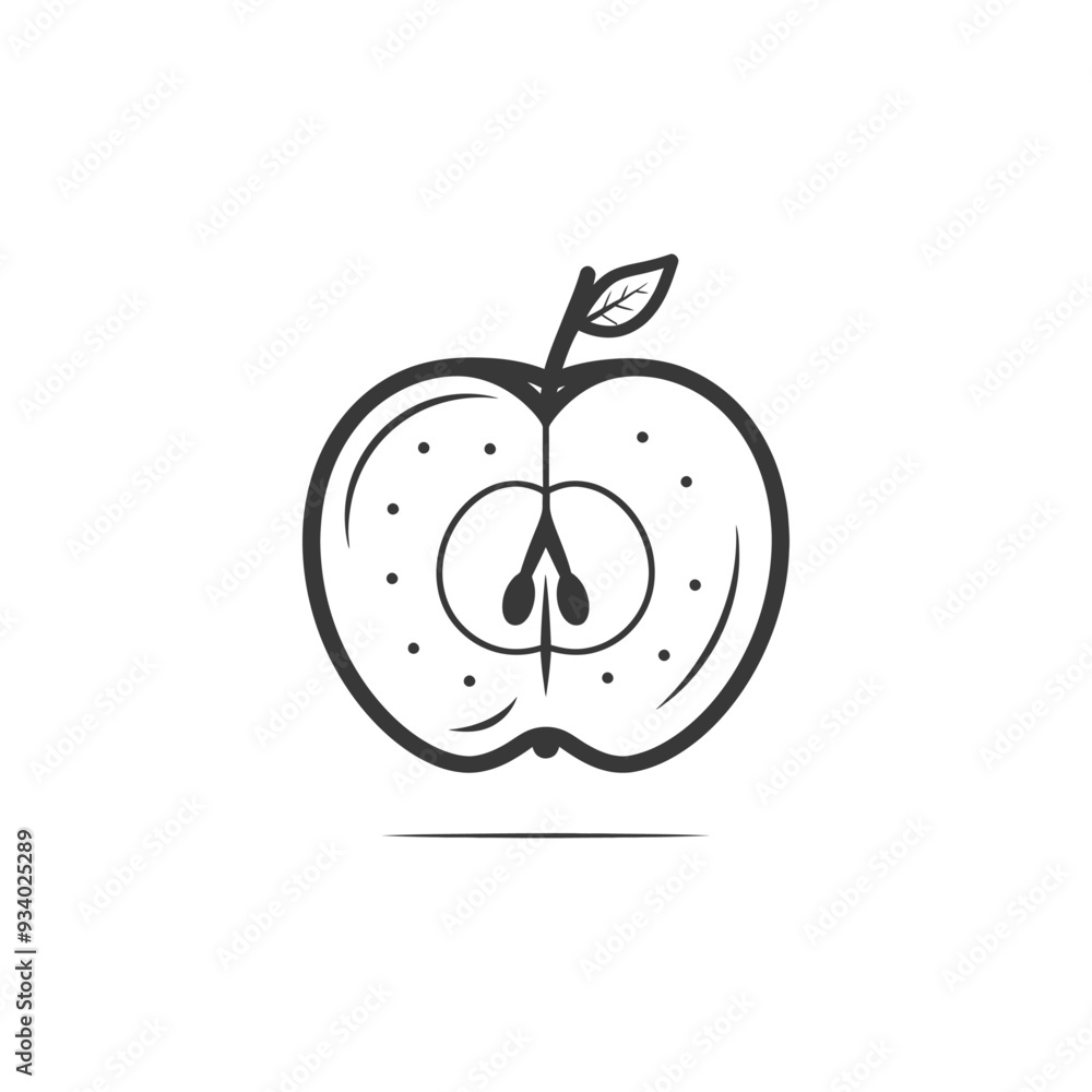 Obraz premium A Halved Apple with a Stem and Leaf in Black and White Outline