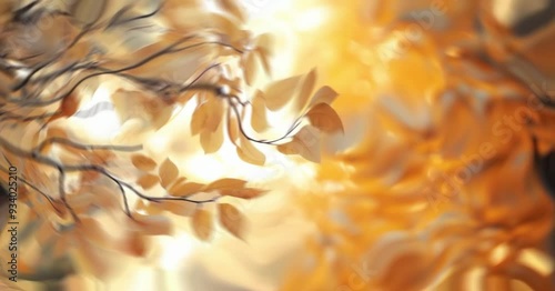 Golden autumn leaves falling in sunlight.