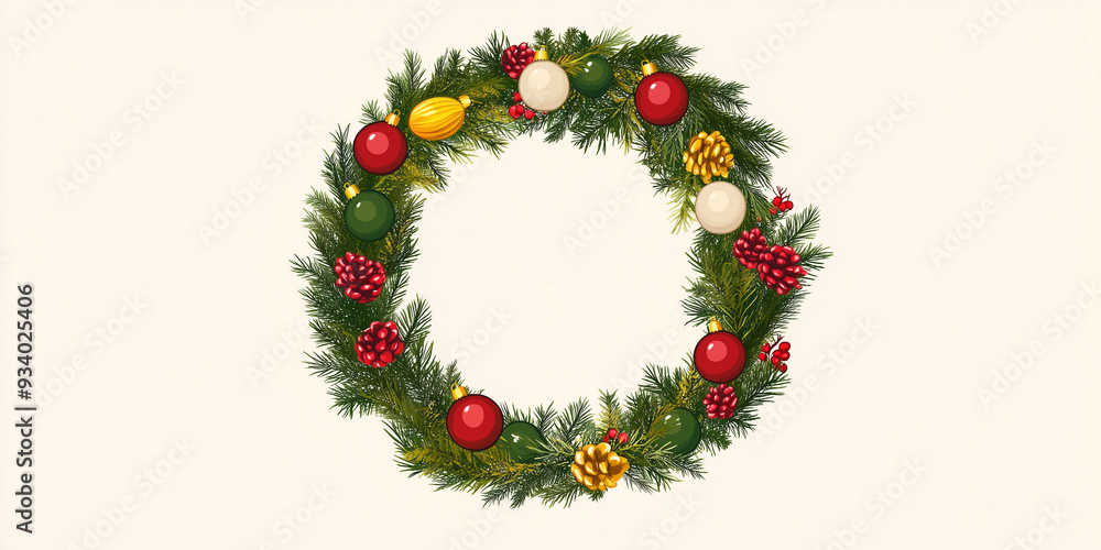 Basic wreath shape with evenly spaced baubles on a blank background, flat illustration Basic wreath shape with evenly spaced baubles on a blank background, flat illustration