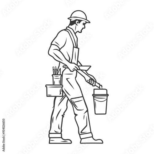 A Line Drawing of a Construction Worker with a Bucket and Tools