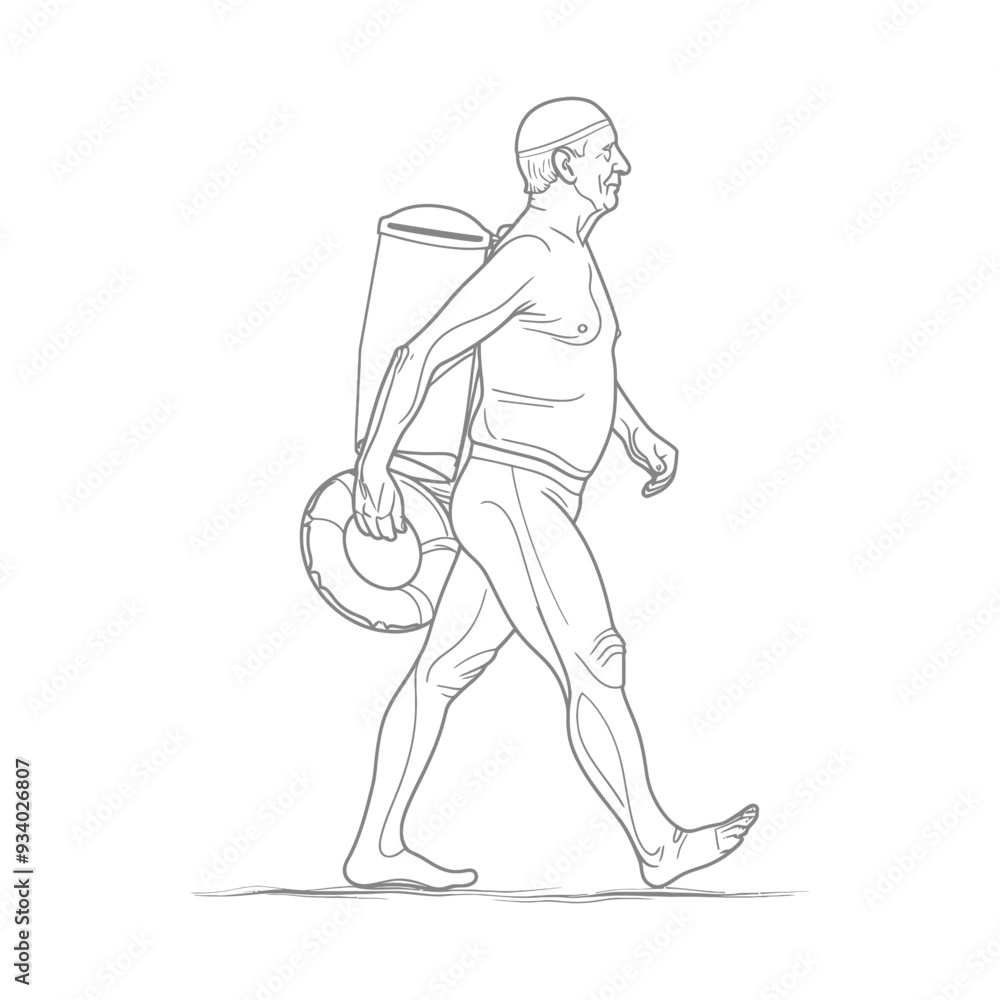 Fototapeta premium A Line Drawing of a Lifeguard Walking with a Life Preserver
