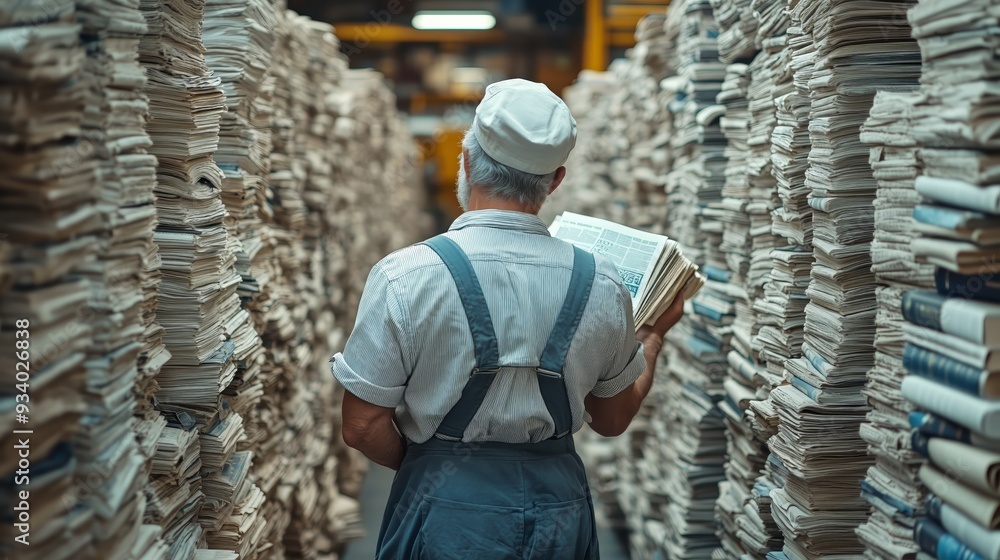 A focused printing worker carefully inspects freshly printed newspaper sheets in an industrial print shop. The worker demonstrates attention to detail as he checks the quality of the print. A focused printing worker carefully inspects freshly printed newspaper sheets in an industrial print shop. The worker demonstrates attention to detail as he checks the quality of the print.