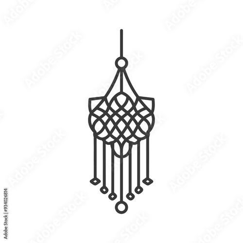 A line drawing of a knotted hanging ornament with beads