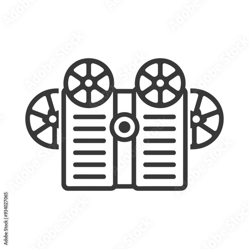 A line drawing of an old movie projector with film reels