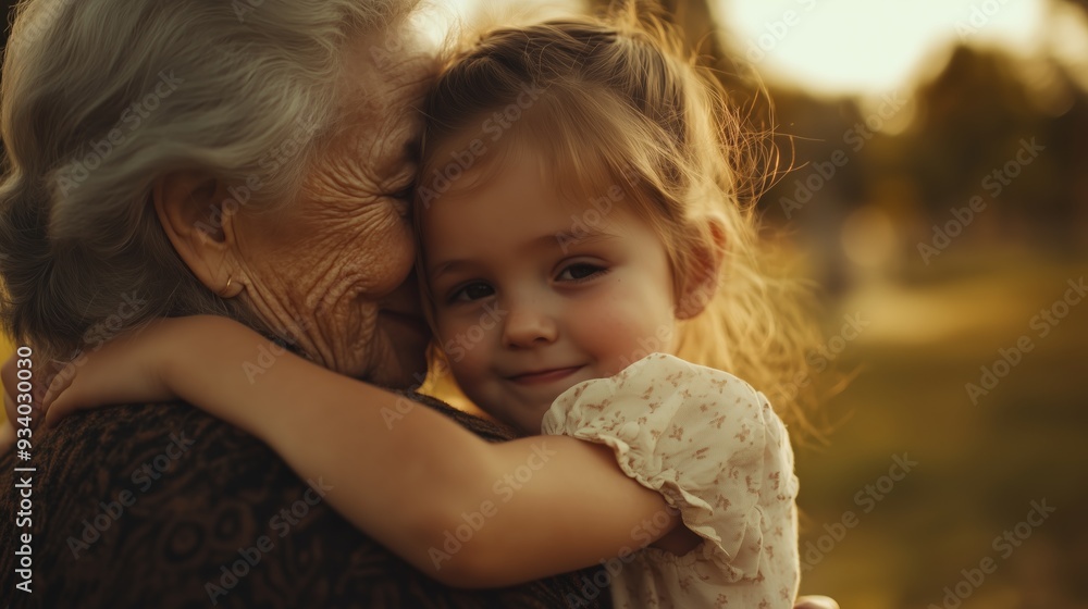 A grandmother embraces her granddaughter in a warm sunset, conveying love and connection in a serene outdoor setting A grandmother embraces her granddaughter in a warm sunset, conveying love and connection in a serene outdoor setting