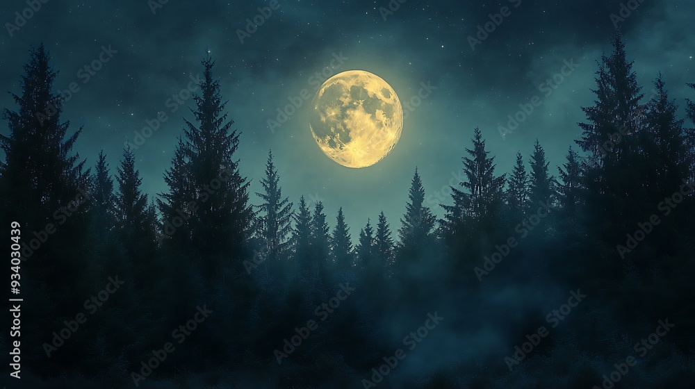 Fototapeta premium Full Moon Over a Misty Forest