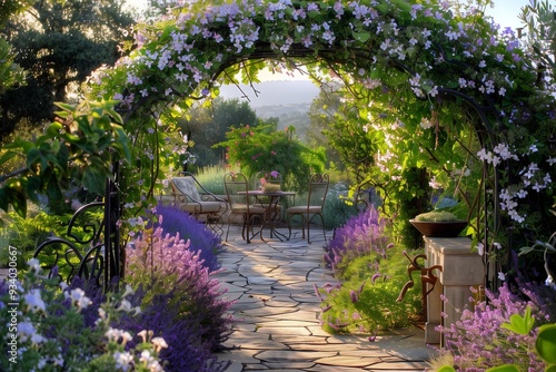 A charming summer garden with an archway covered in blooming clematis, leading to a secluded seating area with wrought iron chairs and a table surrounded by fragrant lavender.