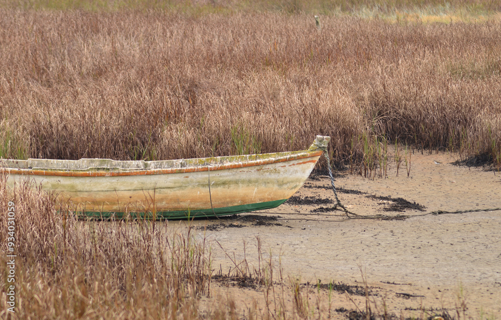 Small aged boat standing on a dry lake with dry vegetation Small aged boat standing on a dry lake with dry vegetation