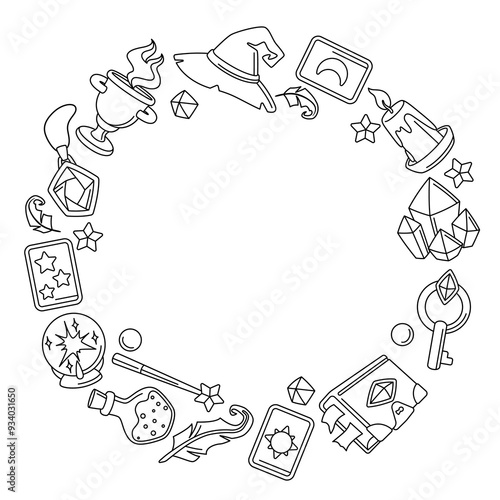 Frame with magic items. Witchcraft alchemy mystery elements.