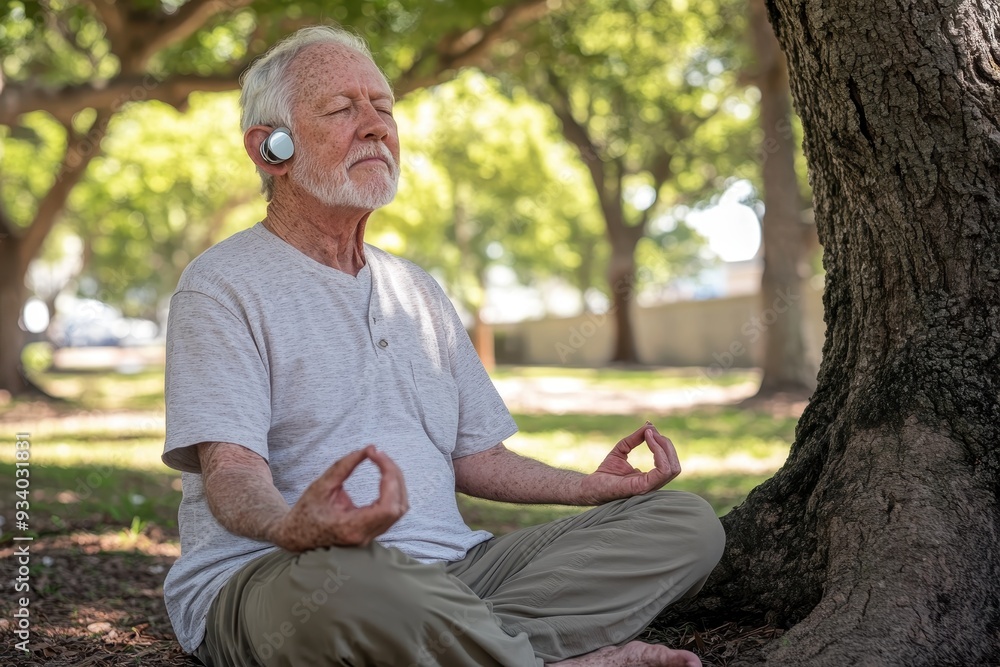 Serene Elderly Man with Hearing Aid Meditating in Tranquil Park, Embracing Mindful Aging Beneath Ethereal Tree Canopy Serene Elderly Man with Hearing Aid Meditating in Tranquil Park, Embracing Mindful Aging Beneath Ethereal Tree Canopy