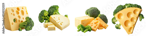 A selection of Swiss cheese blocks and slices paired with fresh broccoli florets, isolated on a white background, highlighting the contrast between creamy cheese and green vegetables.