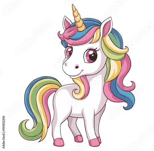 Colorful unicorn with rainbow mane and pink horn standing on a white background. Ideal for whimsical and fantasy-themed designs.