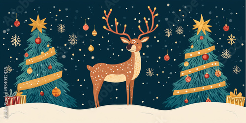 Reindeer standing between two decorated Christmas trees with twinkling lights, flat illustration