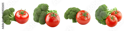 Fresh broccoli florets paired with whole, ripe tomatoes, isolated on a white background, highlighting a vibrant and healthy combination of red and green vegetables.