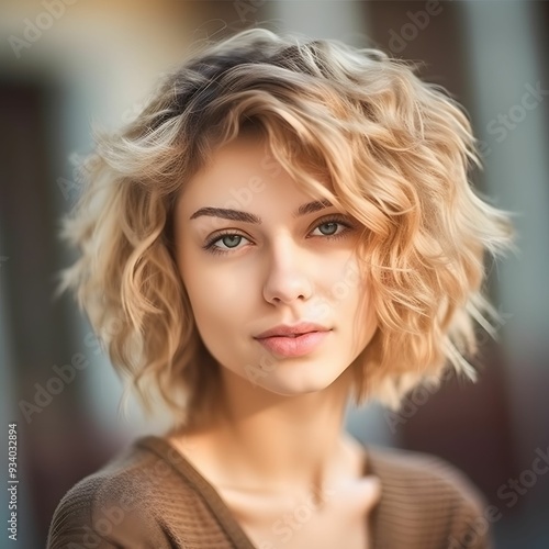 Young woman with curly blonde hair poses outdoors in soft sunlight, showcasing a natural beauty