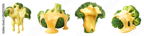 Four fresh green broccoli florets generously covered in melted cheese, creating a delicious and savory presentation on a white background.