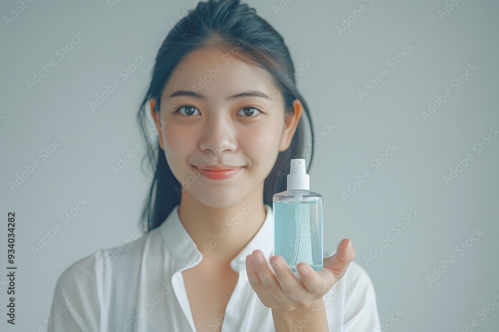 Radiant Beauty: A Young Woman Showcasing a Skincare Product Radiant Beauty: A Young Woman Showcasing a Skincare Product