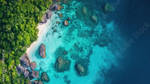 Aerial view of clear turquoise waters along the Thai coastline, showing vibrant coral reefs beneath.