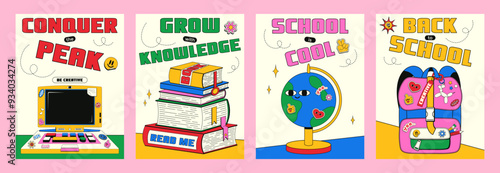 Set of trendy vertical cards with a back to school theme in retro style y2k. Vector illustration of a vintage laptop, stack of books, globe and school teenage backpack with various stickers and pears.
