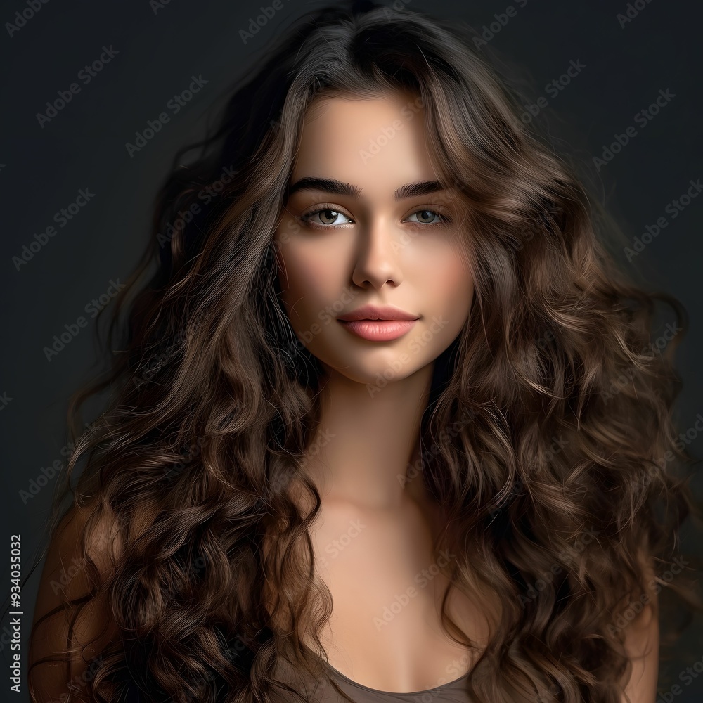 Fototapeta premium Young woman with long, wavy hair posing against a dark background