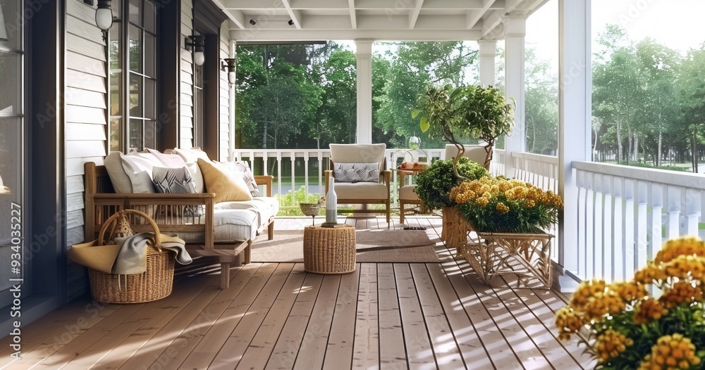 A Charming Porch featuring Cozy Seating and a Bright, Colorful Flower Arrangement for a Welcoming Atmosphere A Charming Porch featuring Cozy Seating and a Bright, Colorful Flower Arrangement for a Welcoming Atmosphere