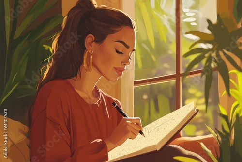 Embracing Inner Strength: Latina Woman with Vitiligo Engaging in Expressive Writing for Mindfulness and Self-Reflection in Cozy Nook