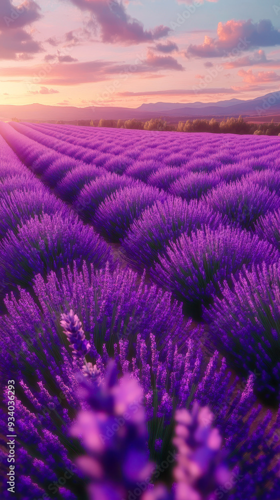 Fototapeta premium Lavender Fields at Sunset: Serene Purple Blooms Spread Across the Landscape