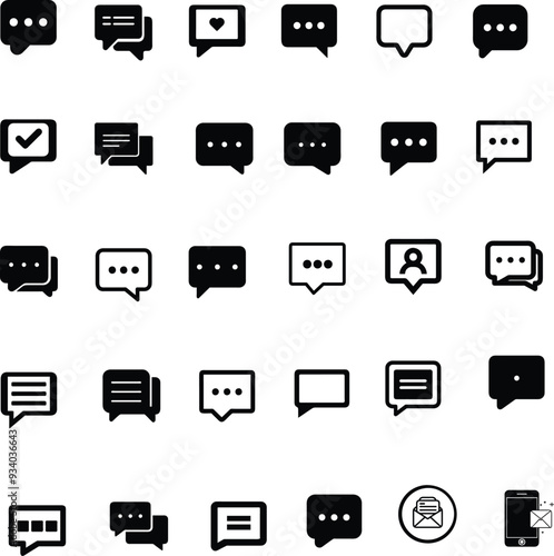 This chat and messaging icon set features a comprehensive collection of icons designed to represent digital communication through messaging and chat services.