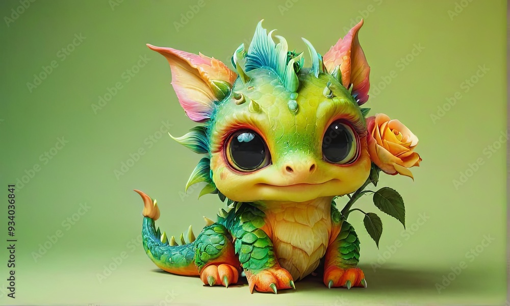 Fototapeta premium Charming Baby Dragon with Flowers