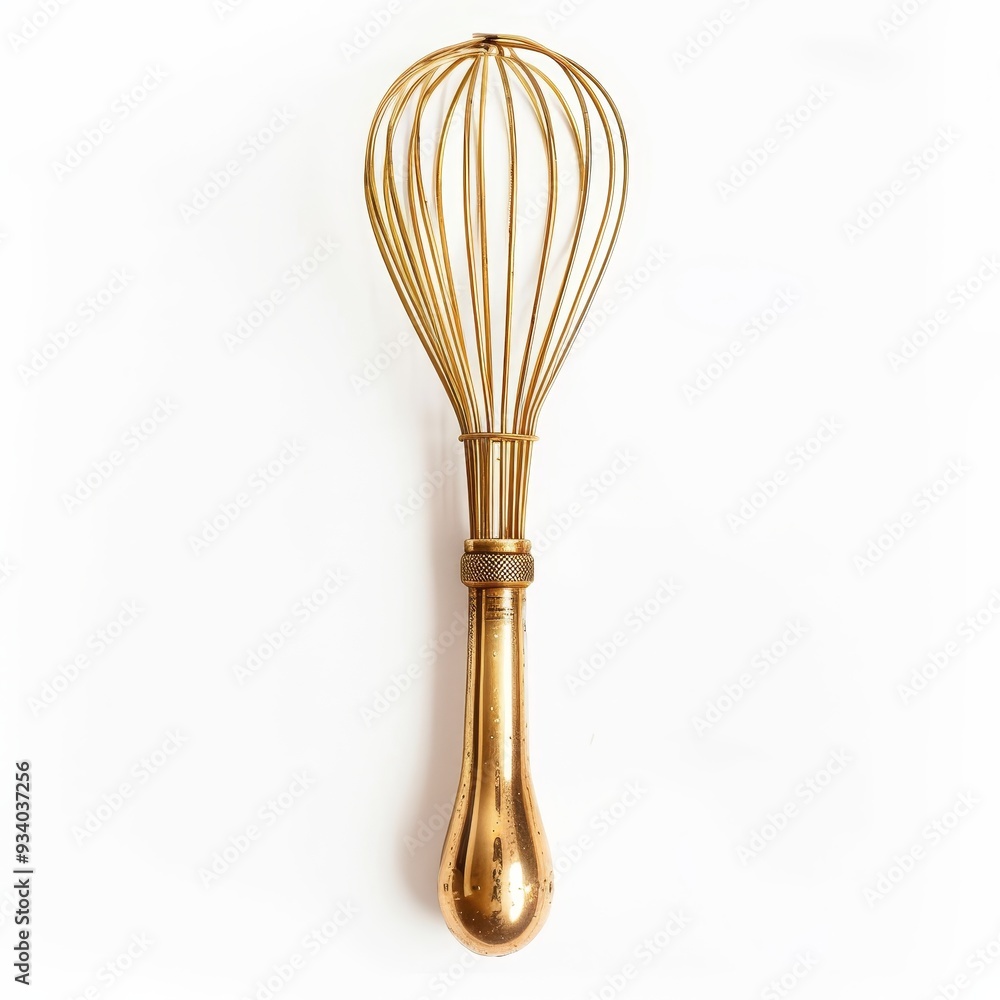A gold-colored whisk isolated on a white background. The whisk is a kitchen utensil used for blending ingredients. A gold-colored whisk isolated on a white background. The whisk is a kitchen utensil used for blending ingredients.