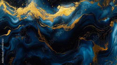 Luxurious Abstract Fluid Art Painting with Blue, Black, Gold Swirls - Modern Artistic Background Ideal for Design and Decor Concepts, Elegant and Sophisticated Texture with Rich Color Blends photo