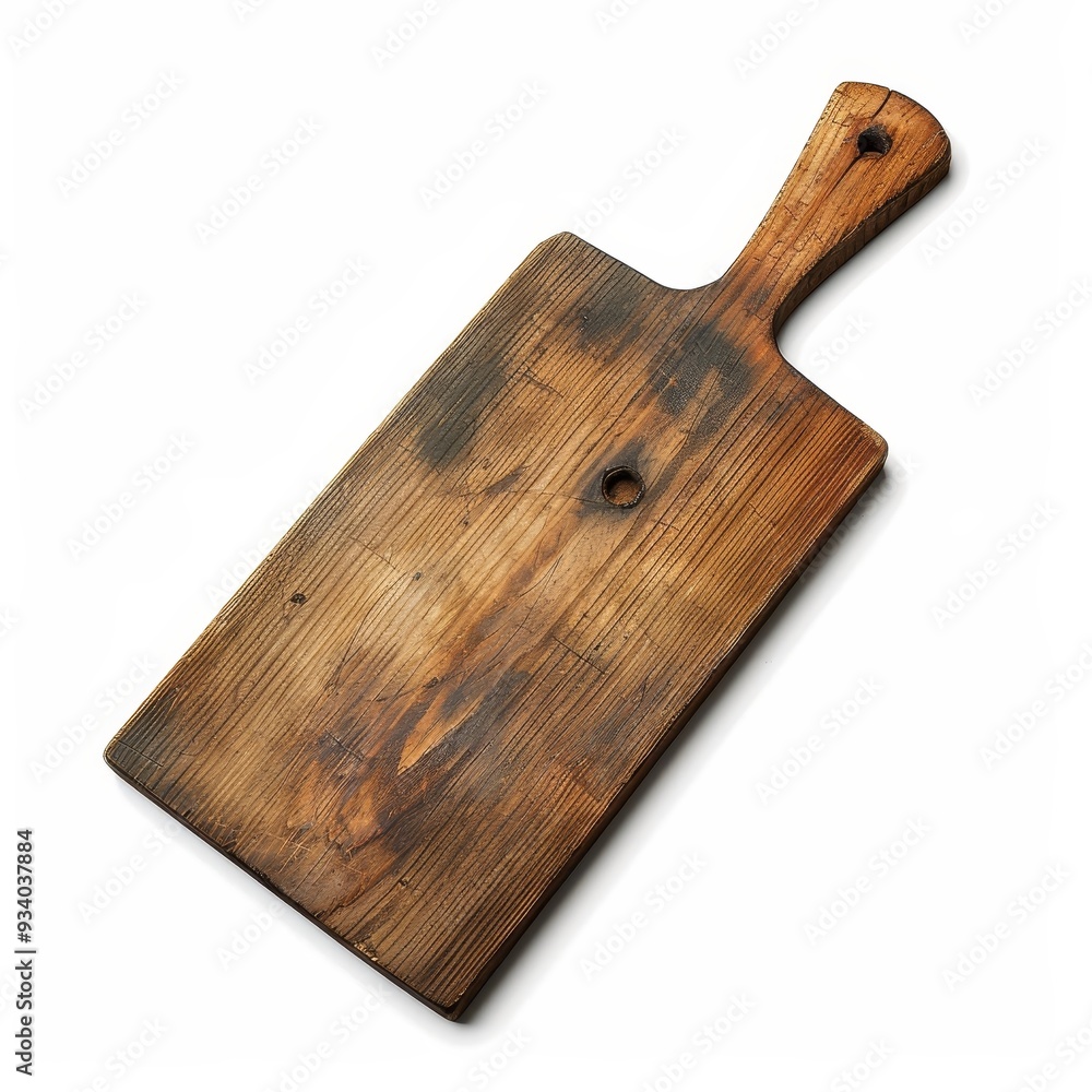 Fototapeta premium A rustic wooden cutting board with a handle, isolated on a white background.
