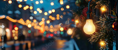 Cozy outdoor lightning on the evening city street. Lamp Bulbs, string garlands, lights, bokeh.Сhristmas and New Year. Winter outdoor holidays illumination.Generative ai photo