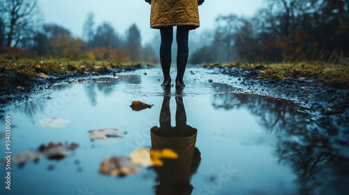 Reflection of a Person Standing in a Muddy Puddle on a Rainy Autumn Day, Illustrating Inner Muddiness and Reflection Amid Nature photo