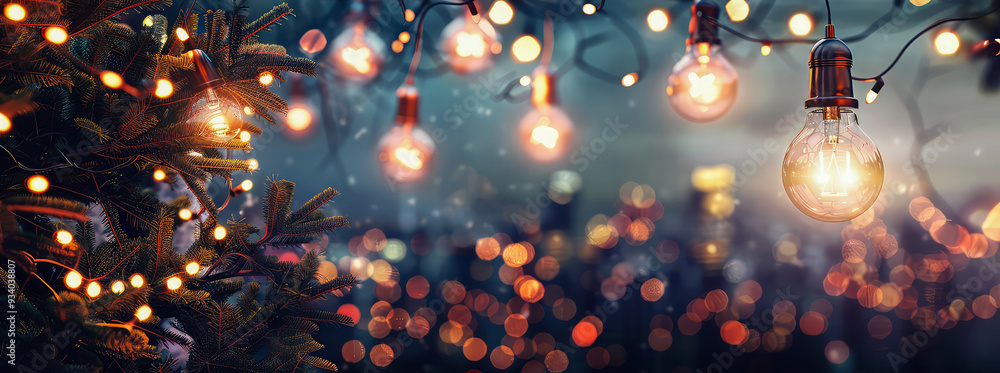 Cozy outdoor lightning on the evening city street. Lamp Bulbs, string garlands, lights, bokeh.Сhristmas and New Year. Winter outdoor holidays illumination.Generative ai Cozy outdoor lightning on the evening city street. Lamp Bulbs, string garlands, lights, bokeh.Сhristmas and New Year. Winter outdoor holidays illumination.Generative ai