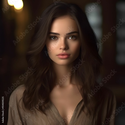 Young woman with long hair poses in soft light indoors, showcasing natural beauty and serene expression