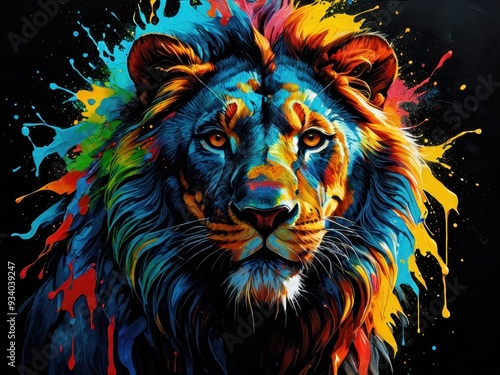 Colorful lion head portrait with dynamic splashes of paint in a vibrant artistic style