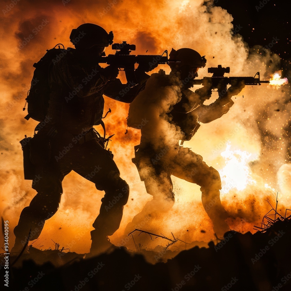 custom made wallpaper toronto digitalSilhouettes of two army soldiers, U.S. marines team in action, surrounded fire and smoke, shooting with assault rifle and machine gun, attacking enemy with suppressive gunfire during offensive mission