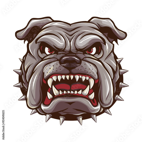 Angry Bulldog face illustration featuring fierce red eyes and a spiked collar. Vector design perfect for logos, mascots, or edgy graphics.