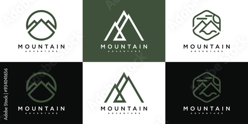 Minimalist mountain logo with simple line art style. Premium Vecor